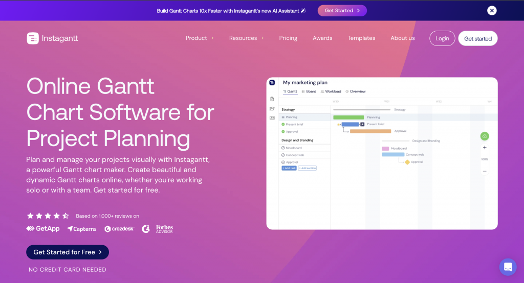 Screenshot of Instagantt's online Gantt chart maker software landing page